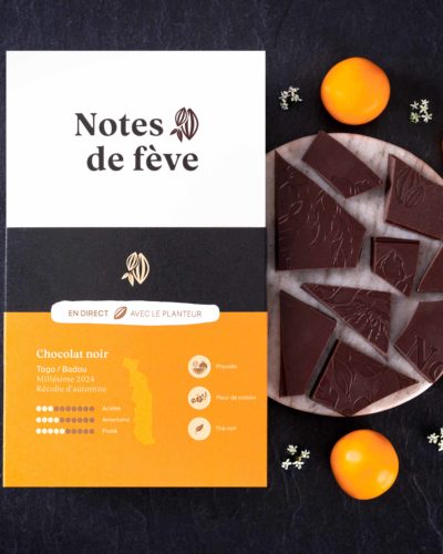 Une tablette de chocolat bean to bar avec un emballage jaune. Autour, du thé noir, des physalis et des fleurs de sureau.