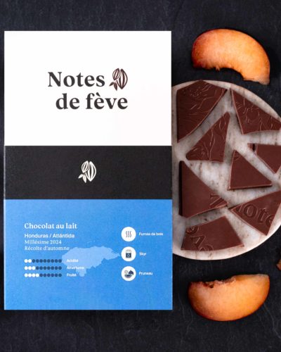 Une tablette de chocolat avec un emballage bleu. Autour, on voit des pruneaux et du skyr, ainsi que des morceaux de chocolat.