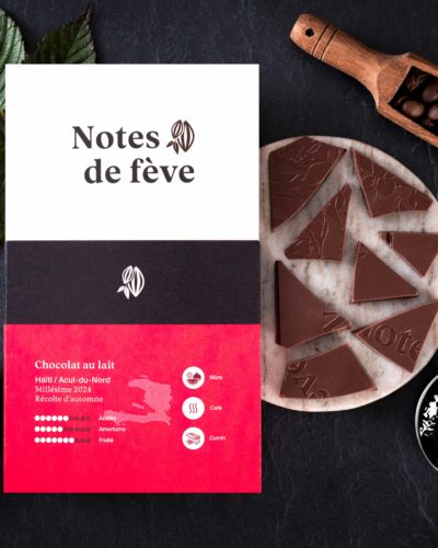Une tablette de chocolat avec un emballage rose. Autour, on voit du cumin, des grains de café, ainsi que des feuilles de mûrier et de la confiture de mûres.