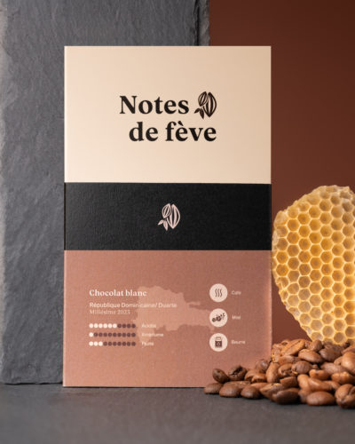 Une tablette de chocolat entourée d'un rayon de miel, de grains de café et de morceaux de beurre.