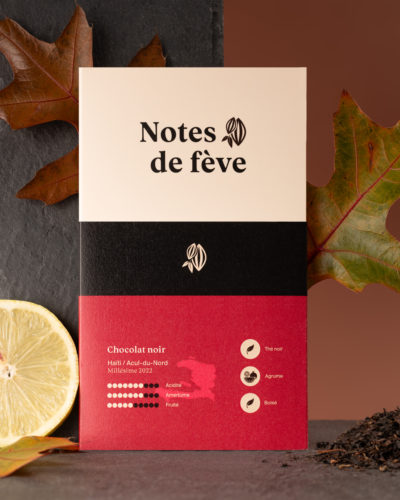 Une tablette de chocolat à l'emballage rouge est entourée par du thé noir, une rondelle de citron et des feuilles séchées.